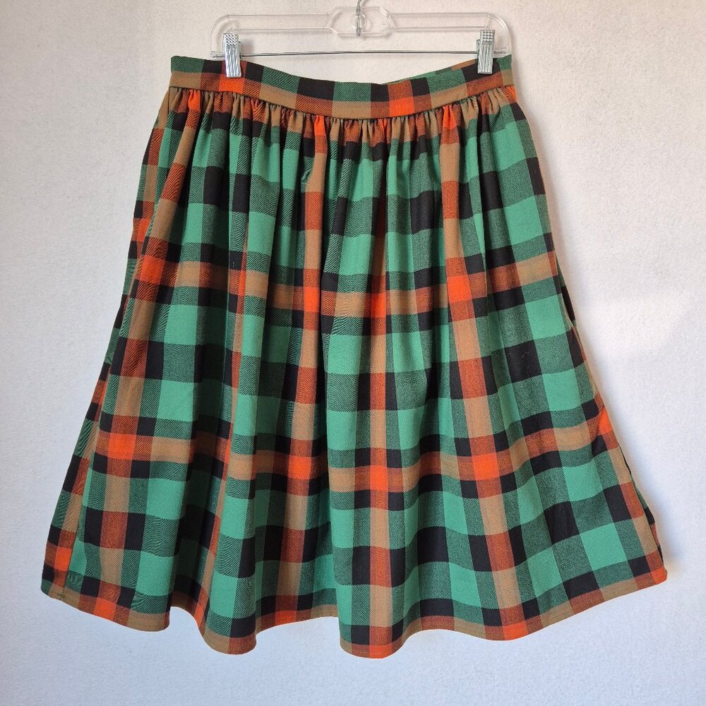 ModCloth x Collectif Jasmine Log Check Swing Skirt Pocket Zip Green Orange